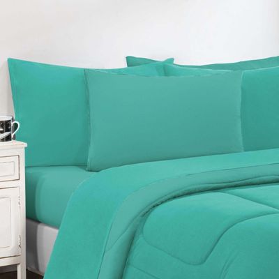 Kit Edredom + Jogo De Lençol Malha 100% Algodão Gran Moratta 6 Peças Casal - Verde Jade/Verde Jade