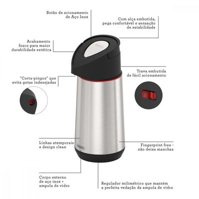 Garrafa Termica Tramontina Exata em Aço Inox com Ampola de Vidro 1,2 L