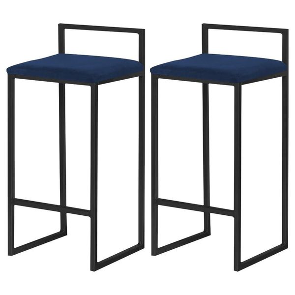Kit 2 Banqueta Decorativa Selena Base Preta Veludo Azul - Gran Belo
