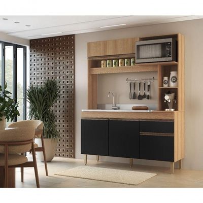 Armário De Cozinha Compacta Em Mdp Mel E Preto 1,95 X 1,53