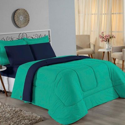 Edredom King Nobre 1 Peça Dupla Face 2,50m X 2,90m Malha 100% Algodão - Jade / Azul-marinho