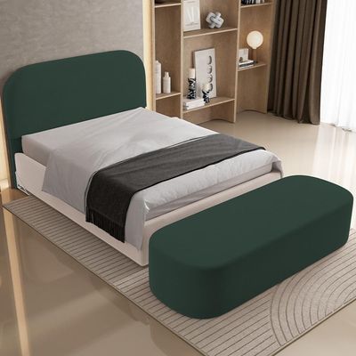 Cabeceira Cama Box King 195cm Lanna com Puff Recamier Doha W01  Suede Verde Musgo - Lyam Decor