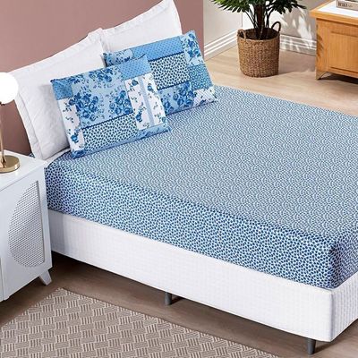 Jogo de Cama Lençol Bouti Estampado Casal Padrão 03 Peças - Azul Sereno