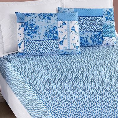 Jogo de Cama Lençol Bouti Estampado Casal Padrão 03 Peças - Azul Sereno