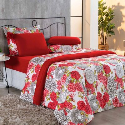 Edredom Malha 100% Algodão Primavera 1 Peça Queen - Floral Vermelho