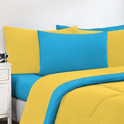 Kit Edredom Malha 100% Algodão Gran Moratta 3 Peças King - Amarelo/Azul Turquesa