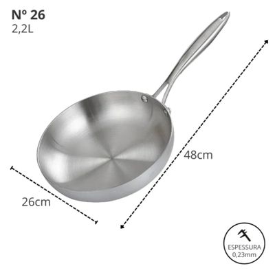 Frigideira Supreme Aço Inox 26 cm e 2,2 Litros Fundo Triplo - GP Inox