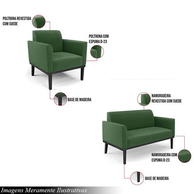 Conjunto 2 Poltronas e 1 Namoradeira Decorativa Isabella Pés Fixo em Madeira Preto Suede Verde G19 - Gran Belo