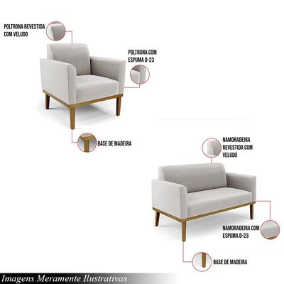 Conjunto 2 Poltronas e 1 Namoradeira Decorativa Isabella Pés Fixo em Madeira Castanho Veludo Cinza G19 - Gran Belo
