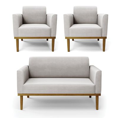 Conjunto 2 Poltronas e 1 Namoradeira Decorativa Isabella Pés Fixo em Madeira Castanho Veludo Cinza G19 - Gran Belo