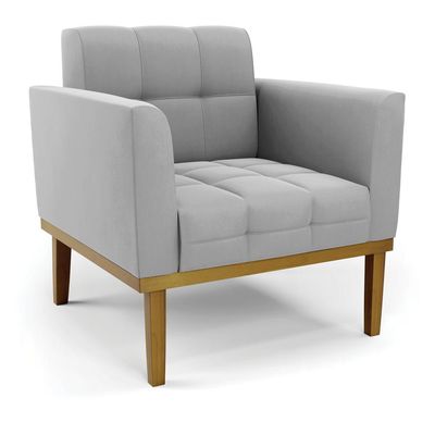 Conjunto 2 Poltronas e 1 Namoradeira Decorativa Karen Pés Fixo em Madeira Castanho Suede Cinza G19 - Gran Belo