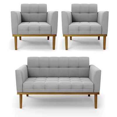 Conjunto 2 Poltronas e 1 Namoradeira Decorativa Karen Pés Fixo em Madeira Castanho Suede Cinza G19 - Gran Belo