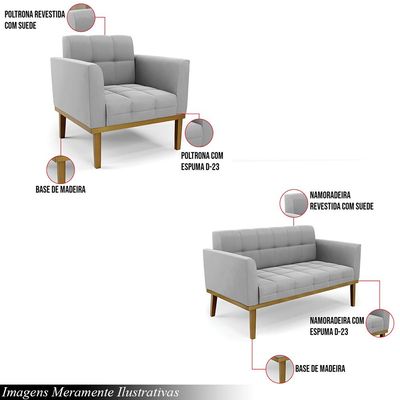 Conjunto 2 Poltronas e 1 Namoradeira Decorativa Karen Pés Fixo em Madeira Castanho Suede Cinza G19 - Gran Belo