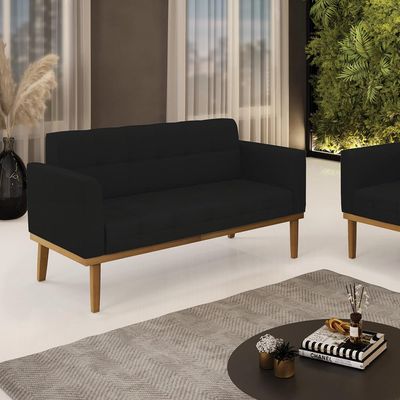 Poltrona Namoradeira Decorativa Karen Pés Fixo em Madeira Castanho Linho Preto G19 - Gran Belo