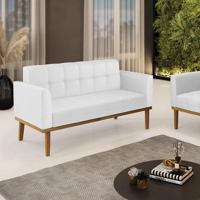 Poltrona Namoradeira Decorativa Karen Pés Fixo em Madeira Castanho PU Branco G19 - Gran Belo