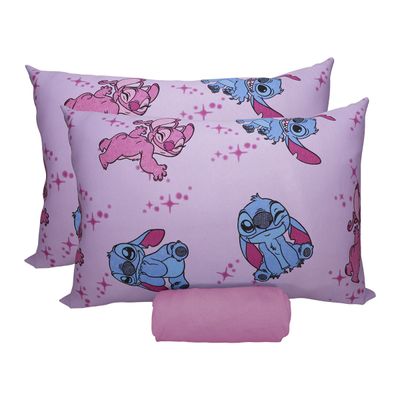 Jogo de Lençol KazzaVip Casal Malha 100% Algodão Play Disney Stitch e Angel Love 3 Peças Rosa