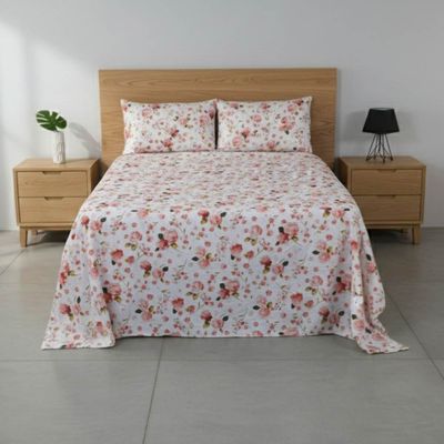 Jogo de Lençol Bella Queen 4 Peças Percal 200 Fios Estampado Floral - Rosa Sereno - 100% Poliéster