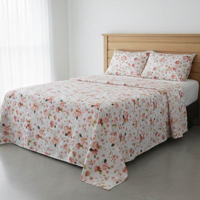 Jogo de Lençol Bella Queen 4 Peças Percal 200 Fios Estampado Floral - Rosa Sereno - 100% Poliéster