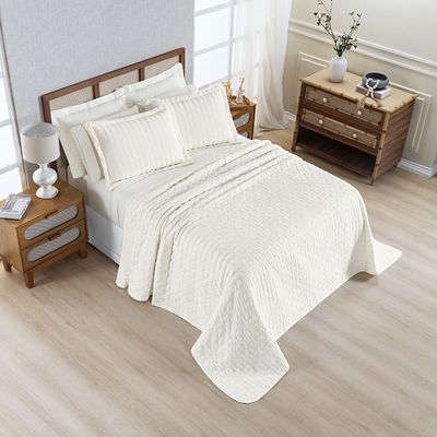Kit Colcha Cobre Leito Plissê Casal Seersucker Premium 3 Peças Maciez e Leveza com Textura 3D Palha Marfim