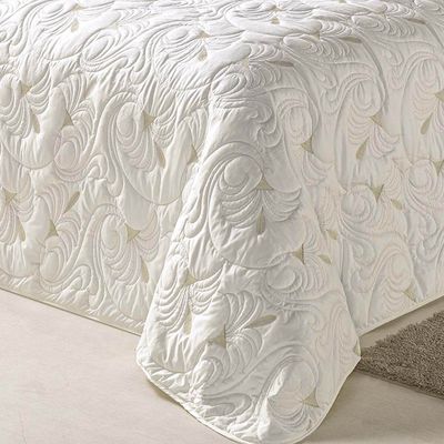 Kit Cobre Leito Colcha Diamante King 5 Peças Bordado Floral Dupla Face 180 Fios - Marfim