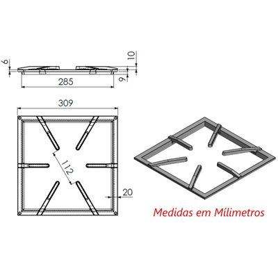 Grelha 6 Hastes GLA Fogão Industrial Ferro Fundido 30x30cm