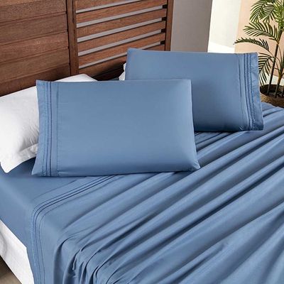 Jogo de Lençol Aria Solteiro 3 Peças MicroPercal 200 Fios Suave Detalhe Bordado - Azul Ice