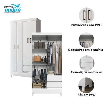 Guarda Roupa Solteiro 4 Portas Com Pés Fit Branco Brilho - Santos Andirá