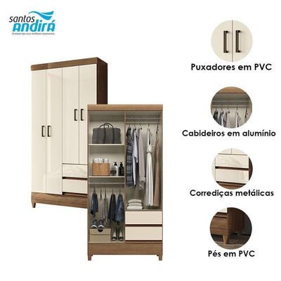 Guarda Roupa Solteiro 4 Portas Com Pés Fit Jequitibá Off Acetinado - Santos Andirá