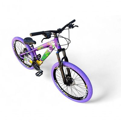 Bicicleta Aro 26 Vikingx Tuff Câmbios Shimano Freio Hidráulico 21v Freeride Aro Vmaxx Flame Roxo-amarelo-Verde X25
