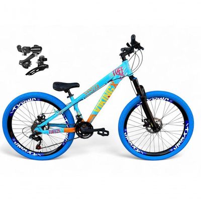 Bicicleta Aro 26 Vikingx Tuff Câmbios Shimano 21v Freeride Freio A Disco Aro Vmaxx Pneu Flame Azul-Laranja X25