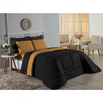 Kit Edredom Dupla Face + Jogo De Lençol Casal Nobre 6 Peças Malha 100% Algodão - Preto / Cobre