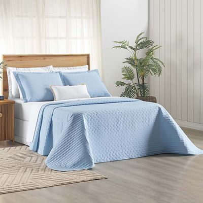 Kit Cobre Leito Colcha Quality Queen 3 Peças Percale 200 Fios Bordado - Azul Céu