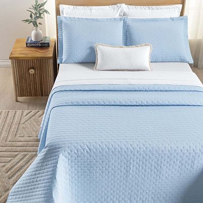 Kit Cobre Leito Colcha Quality Queen 3 Peças Percale 200 Fios Bordado - Azul Céu