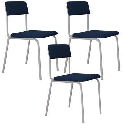 Kit 03 Cadeiras Estofada Para Sala de Jantar Sense Branco C01 Linho Azul Escuro - Lyam Decor
