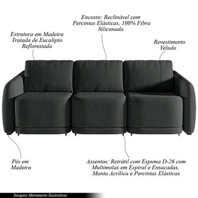 Sofá Cama Modulado Retrátil e Reclinável Decorativo Varsóvia 306cm Veludo Cinza Chumbo G33 - Gran Belo