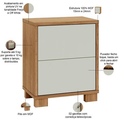 Mesa de Cabeceira 2 Gavetas 54cm Click D03 Freijó Off White - Lyam Decor