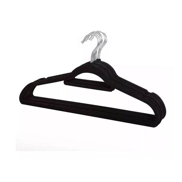 Kit com 100 Cabide Slim Veludo Flocado Preto Gancho de Metal