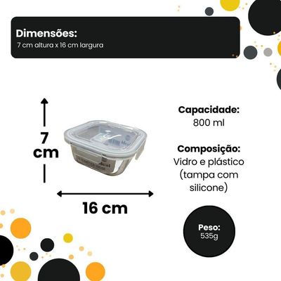 Pote Hermético De Vidro Quadrado 800 Ml Vasilha Com Tampa Mantimentos Marmitex Microondas Freezer