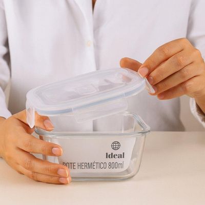 Pote Hermético De Vidro Quadrado 800 Ml Vasilha Com Tampa Mantimentos Marmitex Microondas Freezer