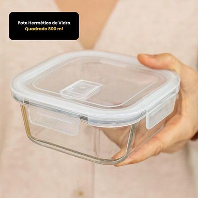 Pote Hermético De Vidro Quadrado 800 Ml Vasilha Com Tampa Mantimentos Marmitex Microondas Freezer