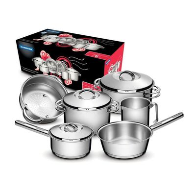 Jogo de Panelas Tramontina Solar em Aço Inox com Fundo Triplo e Tampas de Inox  6 Peças