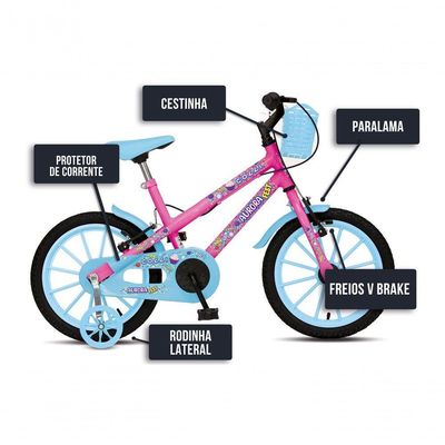 Bicicleta Aurora Fest, Aro 16, Com Freios V-brake, Com Rodas De Apoio, Capa Corrente E Cestinha Rosa-azul Neon