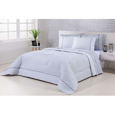Kit Edredom 100% Algodão Percal 150 Fios Dupla Face Solteiro Gran Moratta + Jogo De Cama 5 Peças - Cinza/Branco