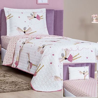Enxoval Kit Colcha + Jogo De Cama Lençol Bouti Solteiro Infantil Kids 4 Peças 100% Poliéster - Bailarina