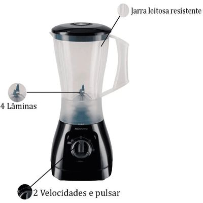 Liquidificador Agrato 850w 2vel Jarra Leitoso 1,5l Preto 220v LQLF02