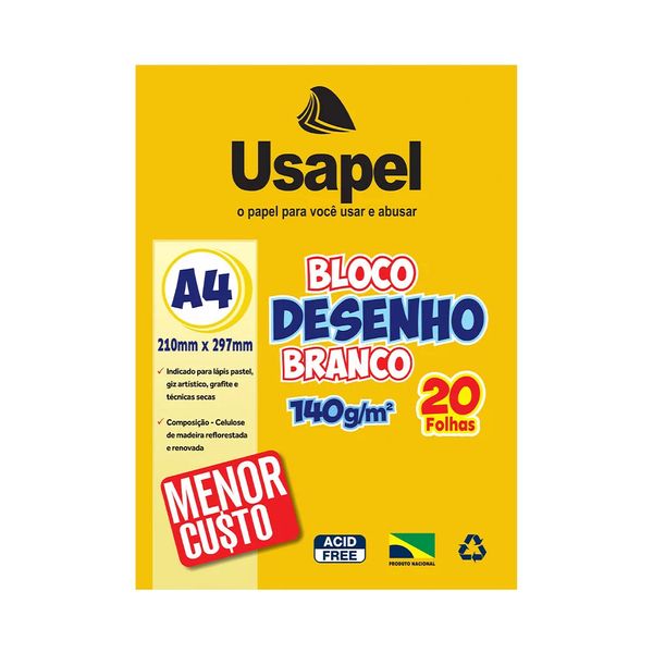 Bloco de Desenho Usapel A4 com 20 Folhas Branco 210x297mm 140g