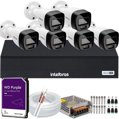 Kit Intelbras 6 Cameras Segurança VHD 3220b+ Microfone Audio Full Color 1080p Dvr 3008c 2TB Purple