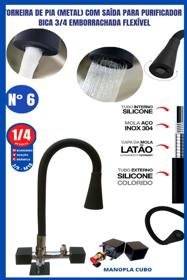 Torneira Pia Metal Com Saída Para Purificador Bica 3/4 Emborrachada Flexível