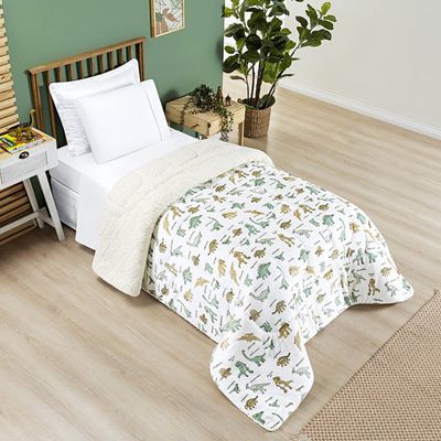 Coberdrom Cobertor Lutti Solteiro Quarto Cama Infantiil Sherpa Manta Toque Lã de Carneiro Dinossauro Verde