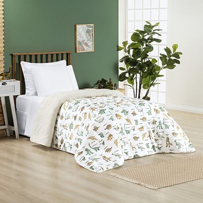 Coberdrom Cobertor Lutti Solteiro Quarto Cama Infantiil Sherpa Manta Toque Lã de Carneiro Dinossauro Verde